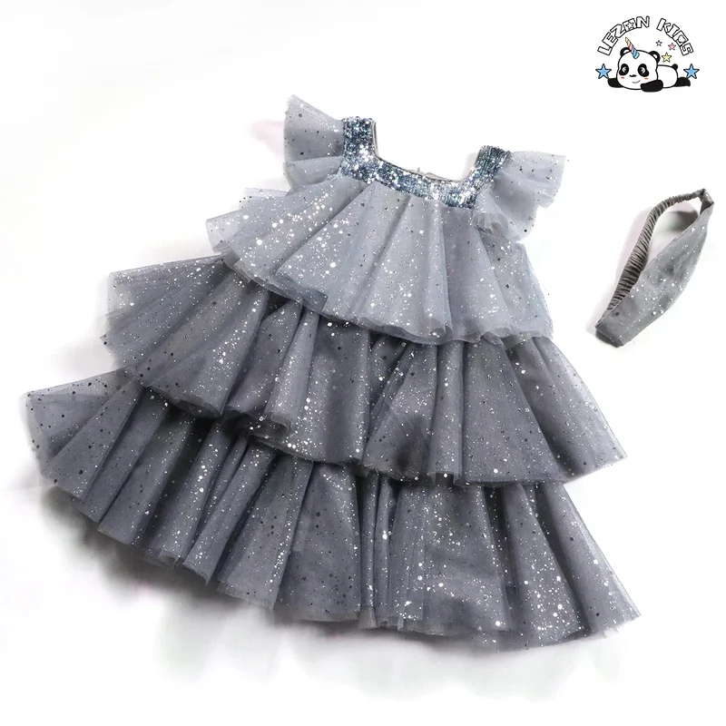 LEZONKIDS - Summer Baby Girl Tulle Casual Children's Wear Tie-dye Sequined Top Print Blue Tutu Dress